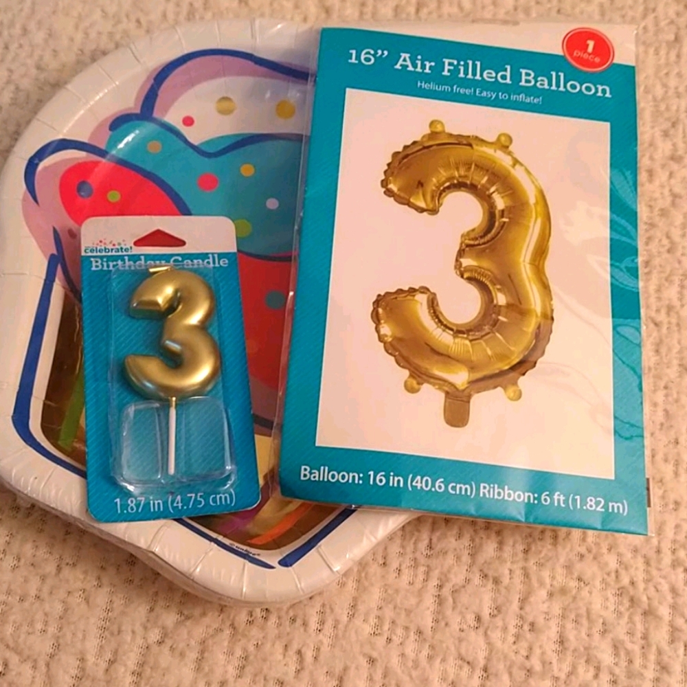 HAPPY 3RD BDAY 16INCH GOLD BALLOON, CANDLE, PAPER